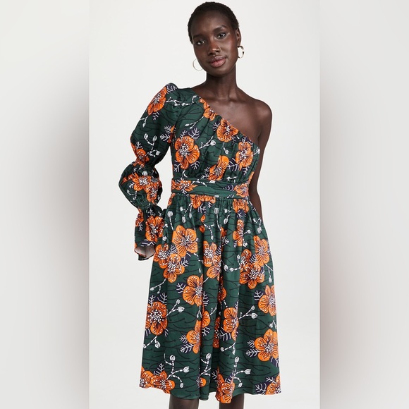 Autumn Adeigbo Dresses & Skirts - Autumn Adeigbo Trixie One Shoulder Green & Orange Floral Dress